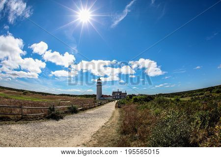 TRURO-SEPTEMBER 14: Truro lighthouse architecture with sun in Cape Cod , Massachusetts, USA on September  14, 2014.