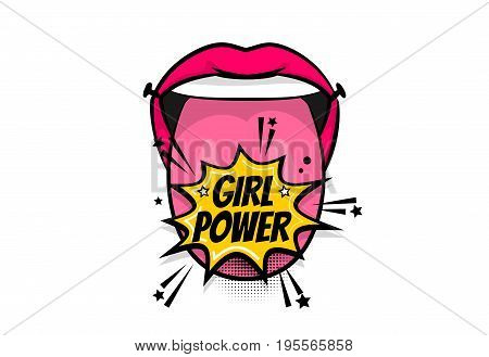 Pop art woman show tongue smile lips girl power, wow. Comics book balloon. Bubble speech phrase. Cartoon girl lipstick font label tag expression. Comic text sound effects. Vector illustration.