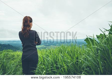 Asian women travel sleep relax. Morning atmosphere nature Forests mountains. khaoko Thailand