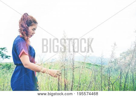 Asian women travel sleep relax. Morning atmosphere nature ForestsHill tribe. khaoko Thailand