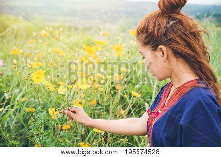 Asian women travel sleep relax. Morning atmosphere nature ForestsHill tribe. khaoko Thailand