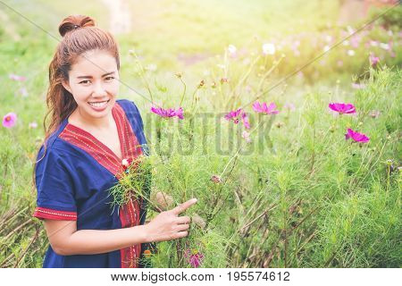 Asian women travel sleep relax. Morning atmosphere nature ForestsHill tribe. khaoko Thailand