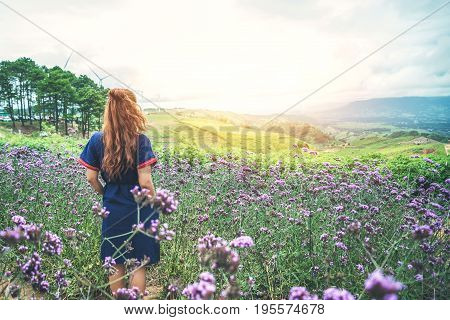 Asian women travel sleep relax. Morning atmosphere nature ForestsHill tribe. khaoko Thailand