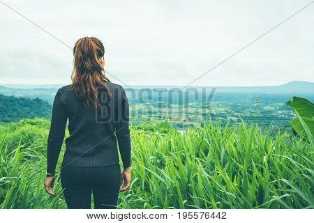 Asian women travel sleep relax. Morning atmosphere nature Forests mountains. khaoko Thailand