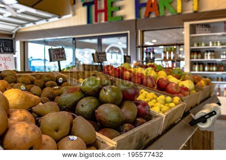 Clanton Alabama USA - June 17 2017: Fresh fruit on display at Durbin Farms Market a popular roadside produce market in Chilton County.