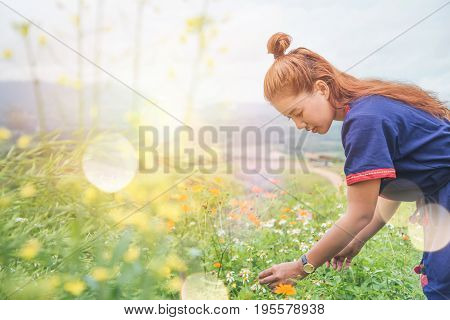 Asian women travel sleep relax. Morning atmosphere nature ForestsHill tribe. khaoko Thailand