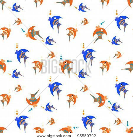 Blue and orange fish on a white background. Seamless vector pattern
