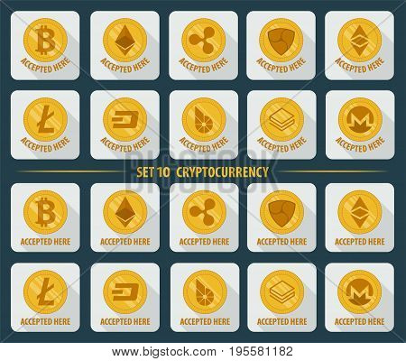 Set of 10 flat currency cryptocurrency icon on a white background