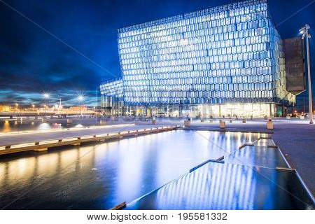 Reykjavik, Iceland - March 27 2016: Harpa concert hall one of the iconic place of Reykjavik, Iceland.