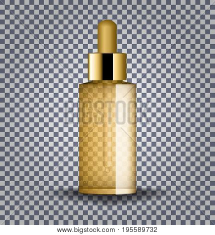 Cosmetic vials for oil, collagen serum, liquid essential. Realistic gold cosmetic glass bottle with dropper. Mock up vector illustration isolated on transparent background.