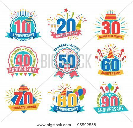 Anniversary numbers set. Festive compositions and greeting, with firework and stars for poster and card decor. Flat style vector illustration isolated on white background. Birthday badges with ribbon