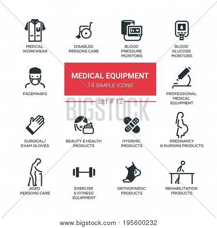 Medical equipment - set of vector icons, pictograms. Disabled people care, blood pressure, glucose monitor, facemasks exam gloves, rehabilitation, hygienic, pregnancy, orthopaedic products fitness
