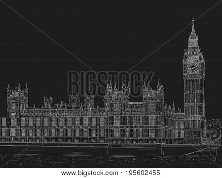 Sketch of the Palace of Westminster and Big Ben tower. Painted with chalk on black