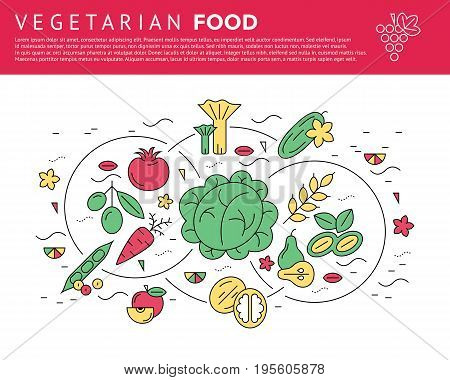 Digital green red vegetable icons set infographics drawn simple line art pattern, onion squash pear orange apple grape carrot wallnut peas watermelon cabage, flat, organic vegetarian food chain