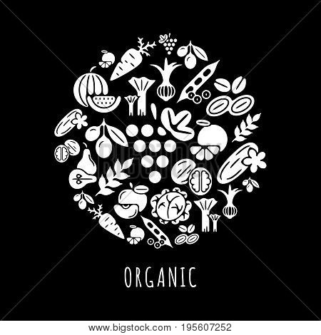 Digital black vegetable icons set infographics drawn simple line art pattern, onion squash pear orange apple grape carrot wallnut peas watermelon cabage, flat, organic vegetarian food chain