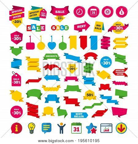 Business icons. Calendar and mechanical clock signs. Dollar money bag and gear symbols. Shopping tags, banners and coupons signs. Calendar, Information and Download icons. Stars, Statistics and Chat