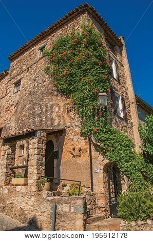 Les Arcs-sur-Argens, France. Close-up of stone house facade with bindweed at the gorgeous medieval hamlet of Les Arcs-sur-Argens. Provence region, Var department, southeastern France