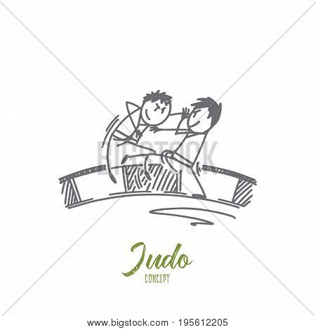 Judo concept. Hand drawn judo sport training in the sports hall. Fighters on the ring isolated vector illustration.