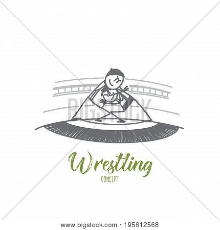 Wrestling concept. Hand drawn two freestyle wrestlers in uniform wrestling on ring. Fight between sportsmen isolated vector illustration.