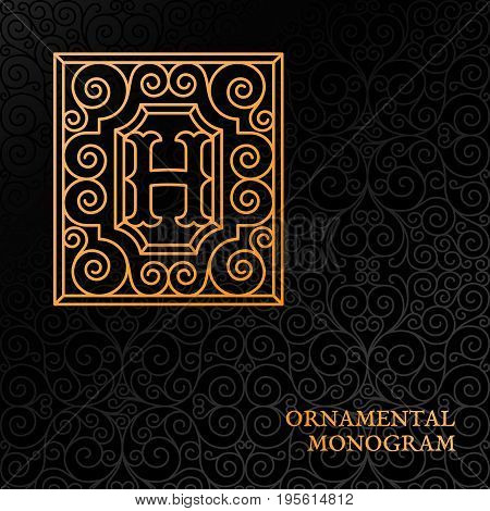 Flourishes luxury elegant ornamental monogram template with letter H in trendy linear style. Vector illustration.