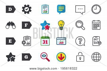 Energy efficiency class icons. Energy consumption sign symbols. Class D, E, F and G. Chat, Report and Calendar signs. Stars, Statistics and Download icons. Question, Clock and Globe. Vector