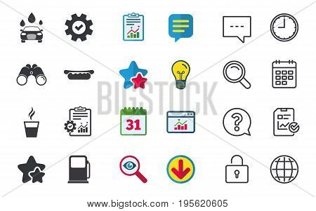 Petrol or Gas station services icons. Automated car wash signs. Hotdog sandwich and hot coffee cup symbols. Chat, Report and Calendar signs. Stars, Statistics and Download icons. Vector