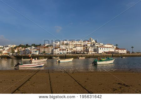 FERRAGUDO, PORTUGAL - APRIL 24, 2017: Picturesque view of Ferragudo fishing village in Algarve, Portugal