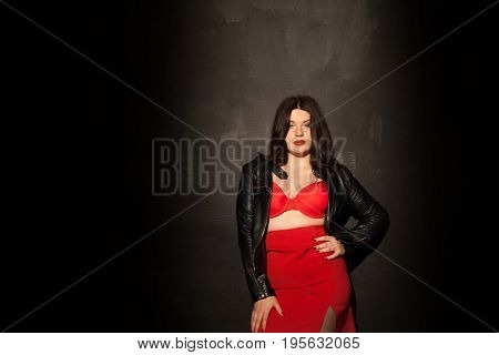 Fat Woman In Red Underwear In Black Room 1