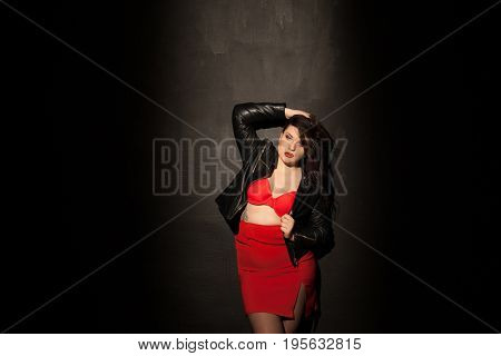 Fat Woman In Red Underwear In Black Room 1
