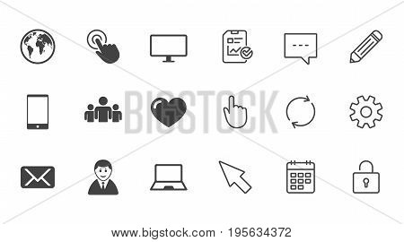 Web, mobile devices icons. Share, mail and like signs. Laptop, phone and monitor symbols. Chat, Report and Calendar line signs. Service, Pencil and Locker icons. Click, Rotation and Cursor. Vector