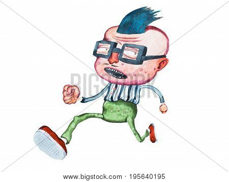 Stylish middle-aged cartoon man in square glasses with big head and cowlick hairstyle running away from someone.