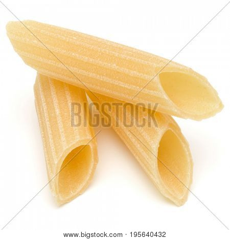Italian pasta isolated on white background. Pennoni. Penne rigate.