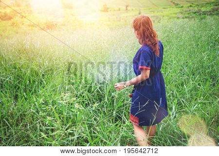 Asian women travel sleep relax. Morning atmosphere nature ForestsHill tribe. khaoko Thailand