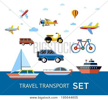 Digital vector blue red travel transport icons set with drawn simple line art info graphic, presentation with car, plane and vehicle elements around promo template, flat style
