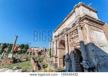 Arch of Septimius Severus and aspects from inside the Roman Forum. Rome Italy.