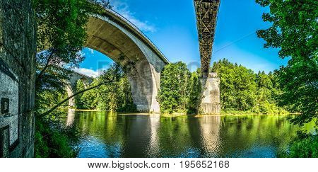 Three huge bridges across the large Iller River in Kempten, Germany.
