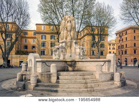 The Fontana delle Anfore (Fountain of the Amphorae) located in Testaccio a quarter of Rome. The motive of the amphorae refers to the Monte Testaccio and to the symbol of the whole quarter