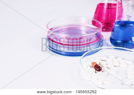 pills analyzing. pills and color liquid in petri dishes. laboratory, science and clinic background.