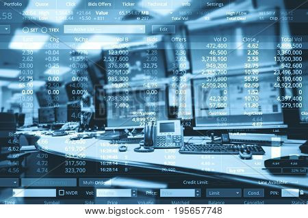Double exposure of business stock trading room with computer and graph for Business Trading concept.