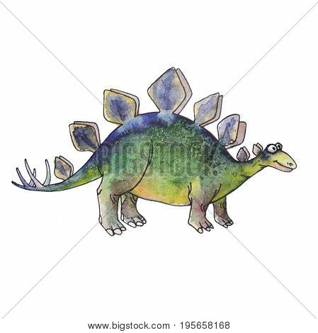 prehistoric dinosaur Stegosaurus armatus or covered lizard isolated on white background. Fossil animals and reptiles in cartoon watercolor style.