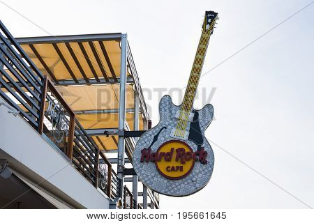 CYPRUS - FEBRUARY 19: Sign of Hard Rock Cafe in Ayia Napa. February 19, 2017.