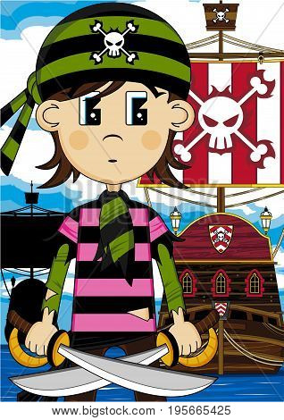 Cute Cartoon Pirate Buccaneer in Bandana with Pirates Ship