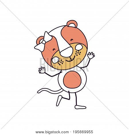 silhouette color sections caricature of cute expression female lioness in dance pose with bow lace vector illustration