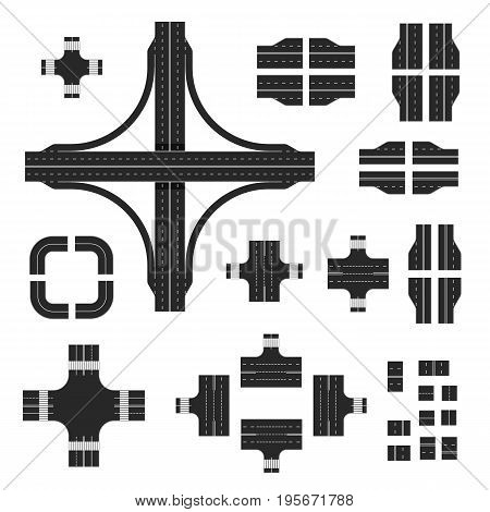 Road map kit. Construction road elements with different markings, including elevated road, crossways and turns
