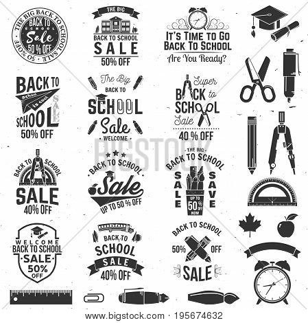 Back to School badges with design elements. For advertising, promotion, poster, flier, blog, article, social media, marketing or banner Vector illustration. Back to School sale.