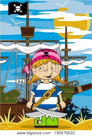 Girl Pirate & Ship On Beach