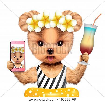 Funny animal taking selfie in bikini and swimming ring holding cocktail. Concept summer holidays, travel vacation concept. Realistic 3D illustration.