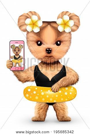 Funny animal taking selfie in bikini and swimming ring holding cocktail. Concept summer holidays, travel vacation concept. Realistic 3D illustration.