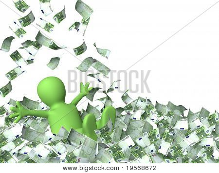 Glücklich Marionetten und einem Geld-Regen. Isolated over white