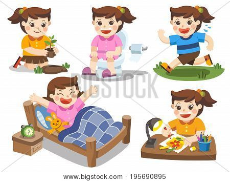 The daily routine of a cute girl on a white background. [wake up, do homework / draw a picture, sitting on the toilet, running, plant a tree]. Isolated vectorrunning, plant a tree]. Isolated vector